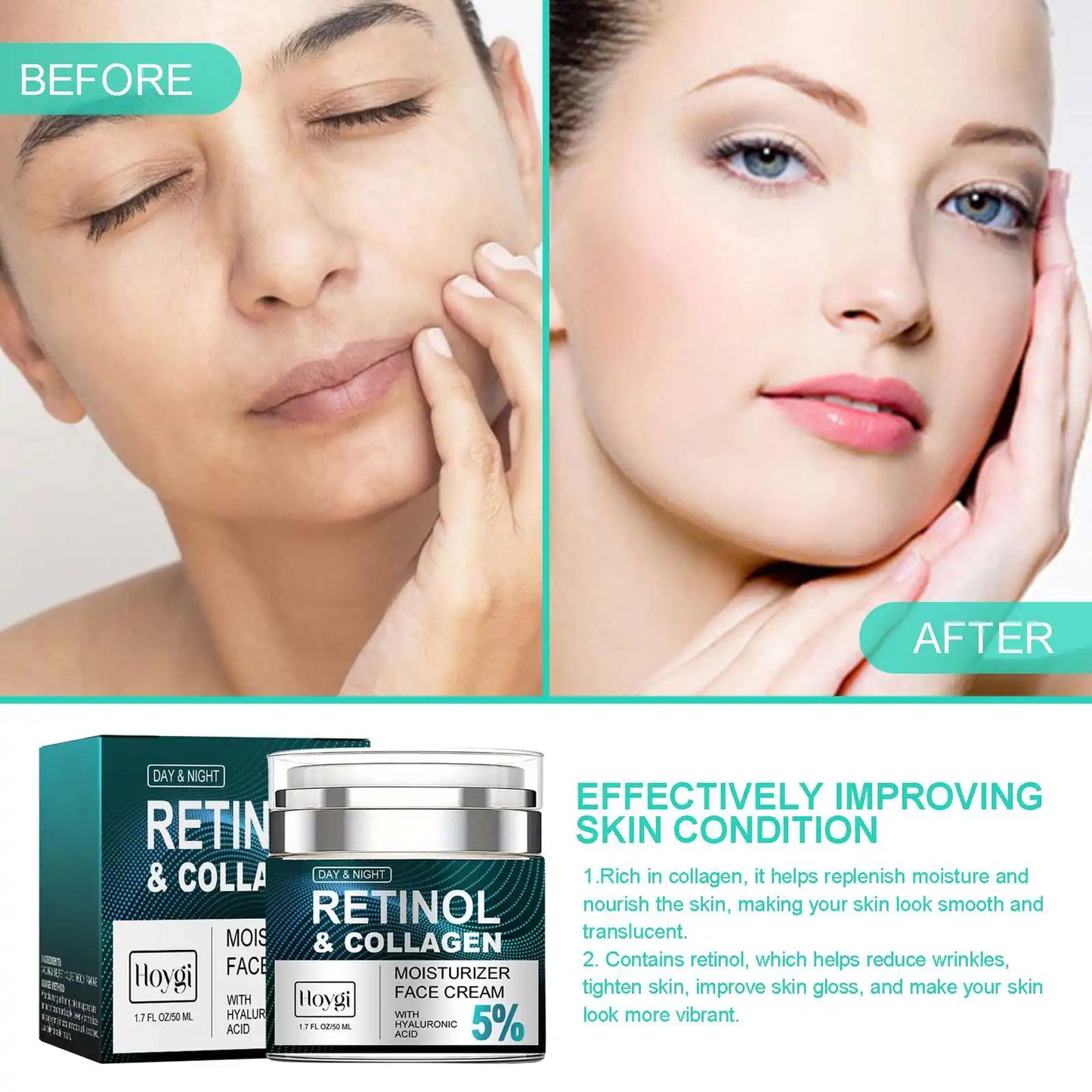 RETINOL & COLLAGEN Moisturizer Face Cream - Day & Night Anti-Aging Skin Care with Hyaluronic Acid 5% -50ml