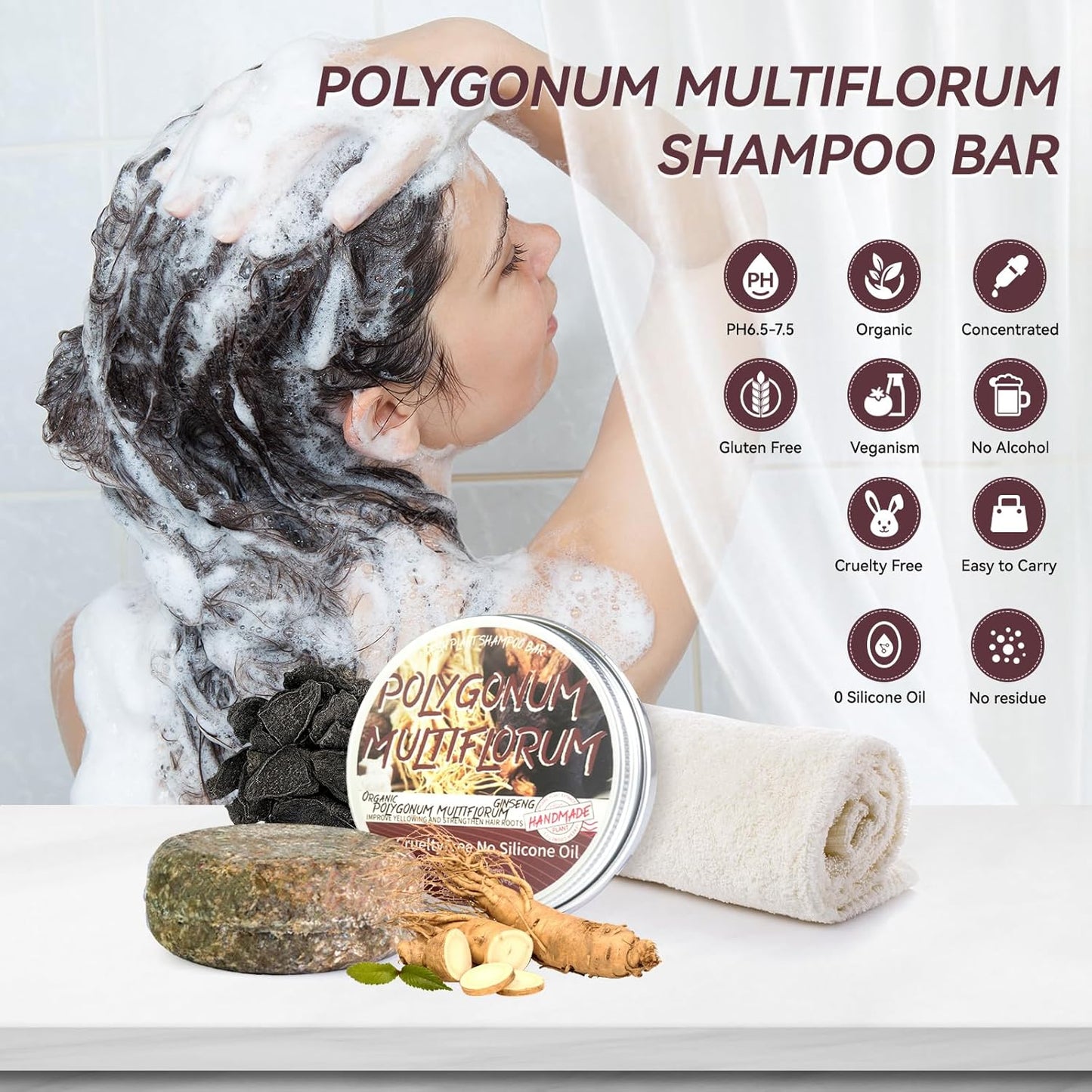 Polygonum Multiflorum Herbal & Natural Organic Darkening and Blackening Shampoo Bar for Grey Hair, Natural Permanent Anti-Grey Hair Soap – ( 2PCS x 60g Each )