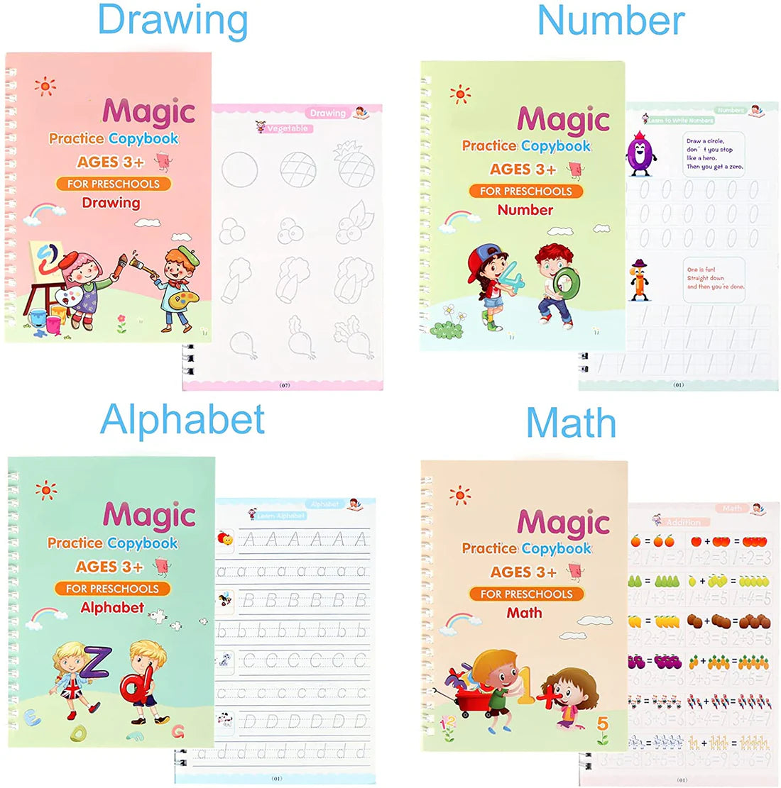 Magic Practice Copybook, Reusable Writing Practice Book, for Preschool Kids Age 3-8yrs (4 Books with 1 Pen ,8 Pen Refills & 1 Pen Holder)