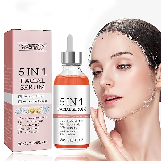 5 in 1 Anti-Wrinkle & Anti-Aging Face Serum - With Vitamin C, Vitamin E, Hyaluronic Acid, Collagen and Nicotinamide For Facial Moisturizing, Firming Skin And Even Skin Tone - 30ml