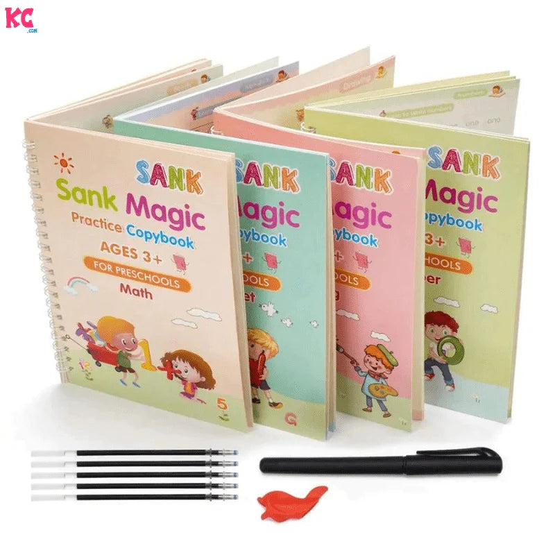 Magic Practice Copybook, Reusable Writing Practice Book, for Preschool Kids Age 3-8yrs (4 Books with 1 Pen ,8 Pen Refills & 1 Pen Holder)