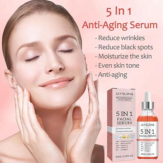 5 in 1 Anti-Wrinkle & Anti-Aging Face Serum - With Vitamin C, Vitamin E, Hyaluronic Acid, Collagen and Nicotinamide For Facial Moisturizing, Firming Skin And Even Skin Tone - 30ml