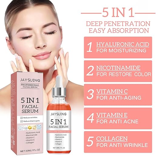5 in 1 Anti-Wrinkle & Anti-Aging Face Serum - With Vitamin C, Vitamin E, Hyaluronic Acid, Collagen and Nicotinamide For Facial Moisturizing, Firming Skin And Even Skin Tone - 30ml