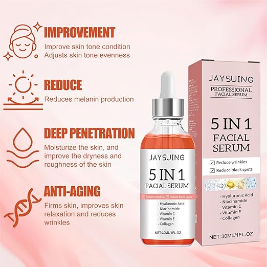5 in 1 Anti-Wrinkle & Anti-Aging Face Serum - With Vitamin C, Vitamin E, Hyaluronic Acid, Collagen and Nicotinamide For Facial Moisturizing, Firming Skin And Even Skin Tone - 30ml
