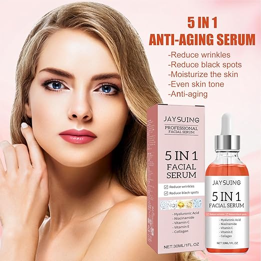 5 in 1 Anti-Wrinkle & Anti-Aging Face Serum - With Vitamin C, Vitamin E, Hyaluronic Acid, Collagen and Nicotinamide For Facial Moisturizing, Firming Skin And Even Skin Tone - 30ml