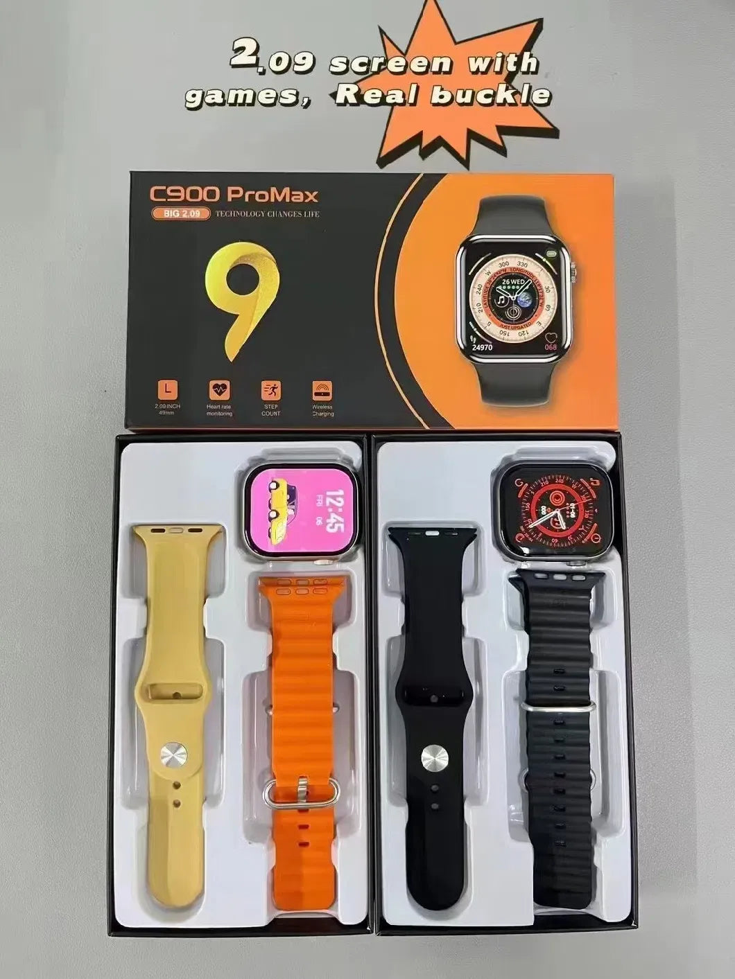 C900 Pro Max SmartWatch | Compatible with iOS and Android. Tracker for Health, Fitness, Running, Sleep Cycles, Monitor Heart Rate/Blood Oxygen...With Extra Straps